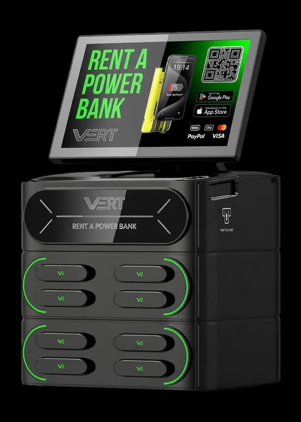 VERT black desk station with a screen and eight slots