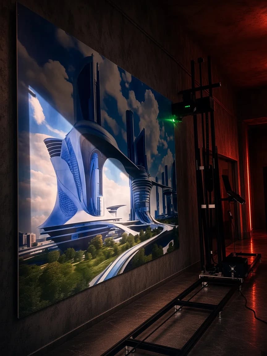 A finished city mural beside the wall printer