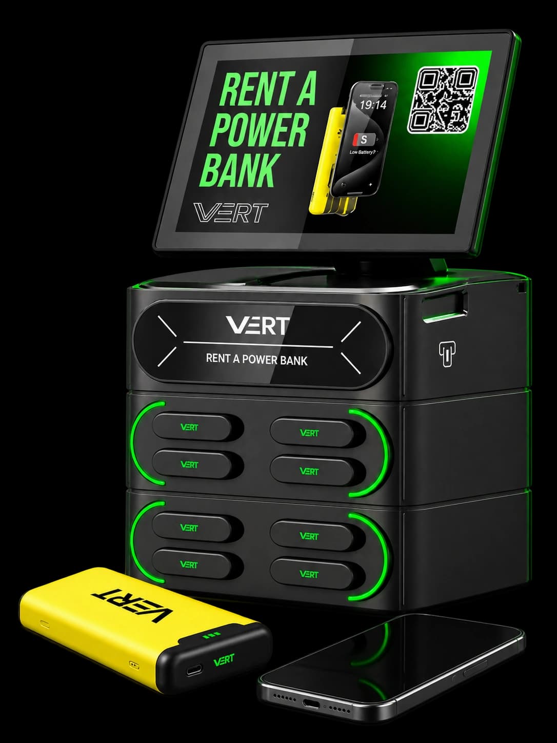 VERT desk station with a yellow powerbank and a phone