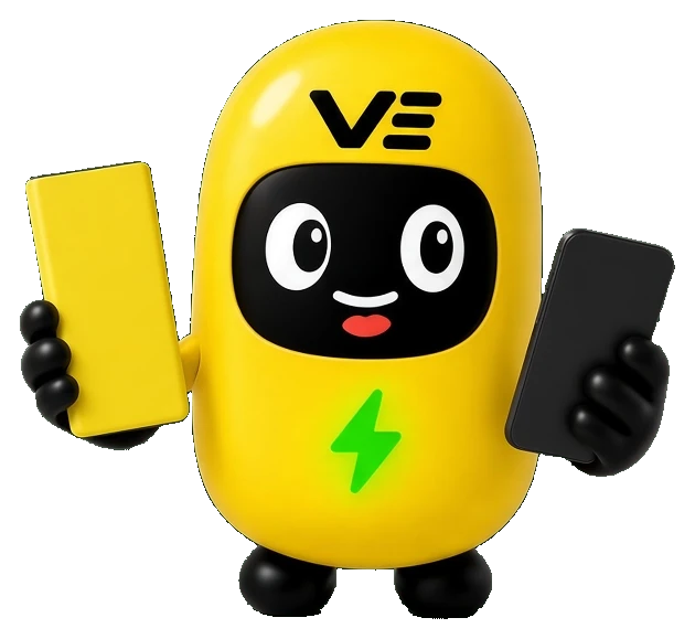 VERT mascot holding a powerbank and a phone