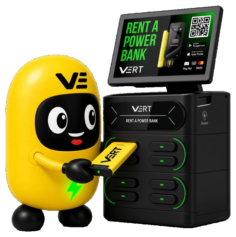 VERT mascot returning a powerbank to a station