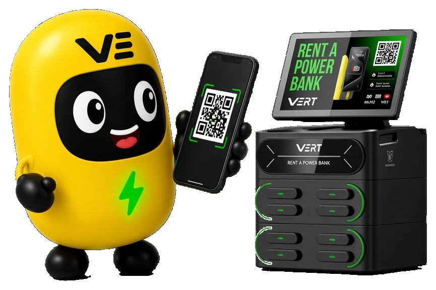 VERT mascot scanning the QR code on a station
