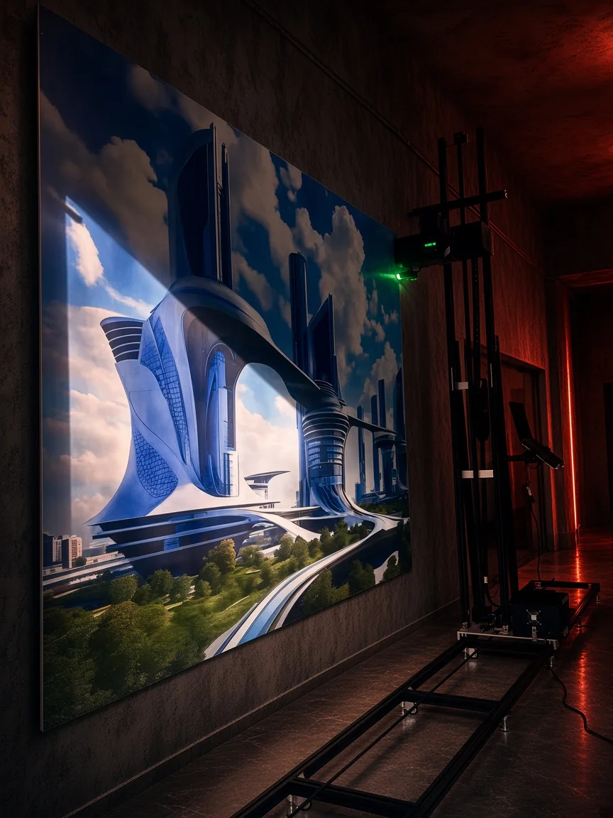 Robotic wall printer beside a city mural, shown as a reference