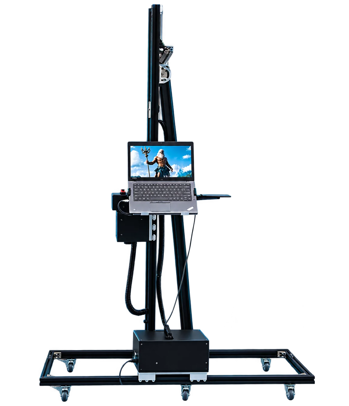 The wall-printing robot with a vertical mast, laptop and floor rail